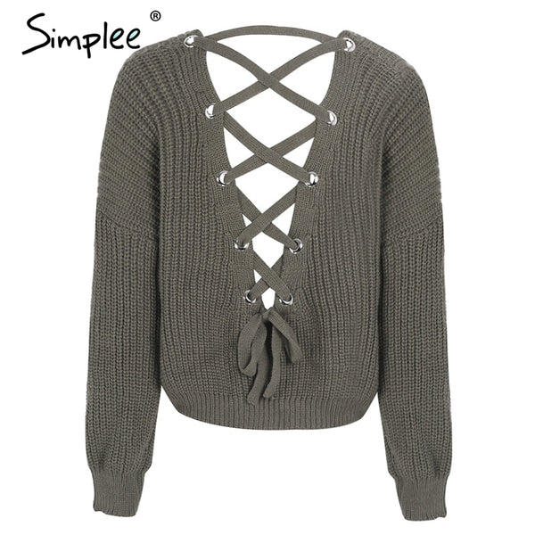 Simplee Sexy backless knitting pullover Fashion lace up autumn winter sweater women tops Casual hollow out jumper pull femme