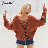 Simplee Sexy backless knitting pullover Fashion lace up autumn winter sweater women tops Casual hollow out jumper pull femme