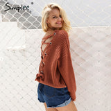 Simplee Sexy backless knitting pullover Fashion lace up autumn winter sweater women tops Casual hollow out jumper pull femme
