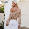 Simplee Sexy lace up winter knitted sweater pullover Women one shoulder loose sweater jumper Autumn batwing sleeve gray sweater