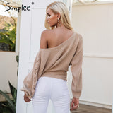 Simplee Sexy lace up winter knitted sweater pullover Women one shoulder loose sweater jumper Autumn batwing sleeve gray sweater