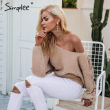 Simplee Sexy lace up winter knitted sweater pullover Women one shoulder loose sweater jumper Autumn batwing sleeve gray sweater