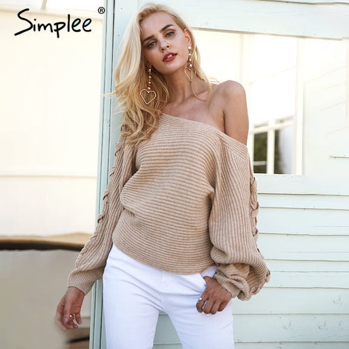 Simplee Sexy lace up winter knitted sweater pullover Women one shoulder loose sweater jumper Autumn batwing sleeve gray sweater