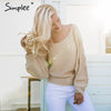Simplee Sexy lace up winter knitted sweater pullover Women one shoulder loose sweater jumper Autumn batwing sleeve gray sweater