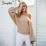 Simplee Sexy lace up winter knitted sweater pullover Women one shoulder loose sweater jumper Autumn batwing sleeve gray sweater