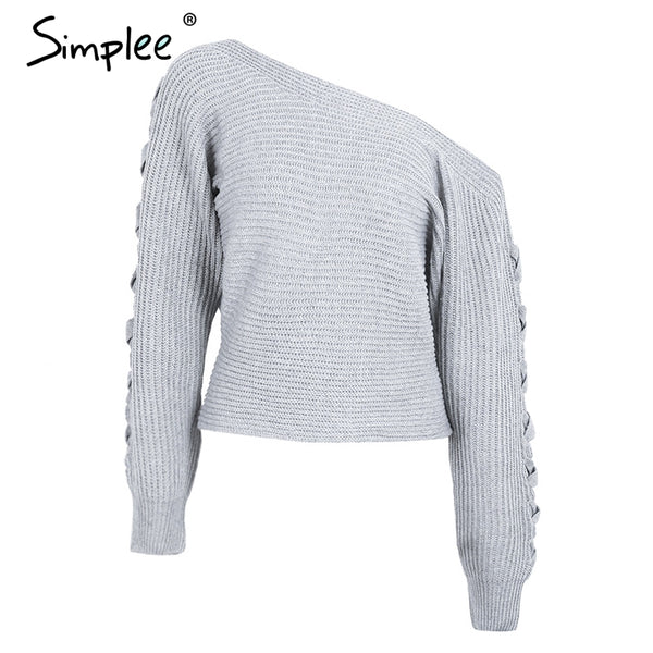 Simplee Sexy lace up winter knitted sweater pullover Women one shoulder loose sweater jumper Autumn batwing sleeve gray sweater