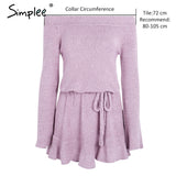 Simplee Sexy off shoulder knitting sweater dress women Elegant ruffle sash short dress Casual long sleeve autumn winter dress