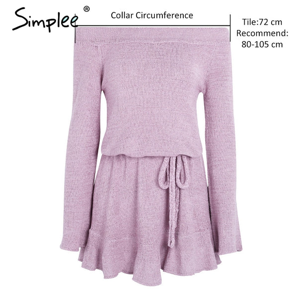 Simplee Sexy off shoulder knitting sweater dress women Elegant ruffle sash short dress Casual long sleeve autumn winter dress