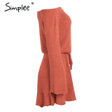 Simplee Sexy off shoulder knitting sweater dress women Elegant ruffle sash short dress Casual long sleeve autumn winter dress