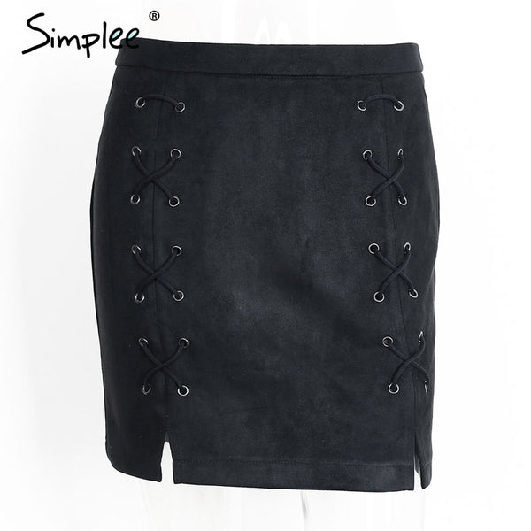 Simplee Sexy pockets leather suede pencil skirts women bottom Bodycon zipper short mini skirt High waist black skirt 2017