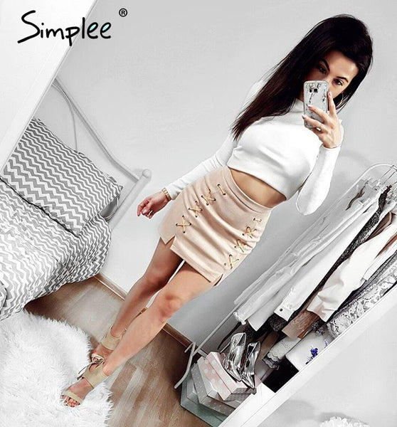 Simplee Sexy pockets leather suede pencil skirts women bottom Bodycon zipper short mini skirt High waist black skirt 2017