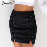 Simplee Sexy pockets leather suede pencil skirts women bottom Bodycon zipper short mini skirt High waist black skirt 2017