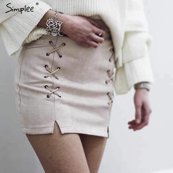 Simplee Sexy pockets leather suede pencil skirts women bottom Bodycon zipper short mini skirt High waist black skirt 2017