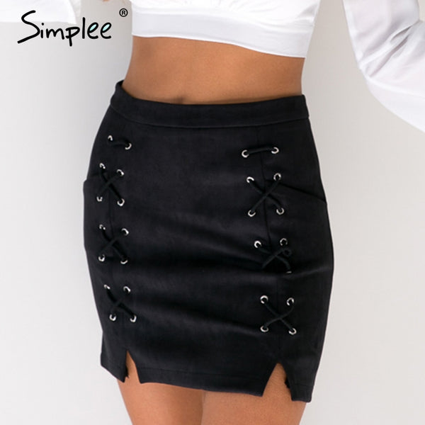 Simplee Sexy pockets leather suede pencil skirts women bottom Bodycon zipper short mini skirt High waist black skirt 2017