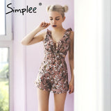 Simplee Sexy ruffle floral print jumpsuit romper Women deep v neck backless overalls Causal hollow out summer beach playsuit