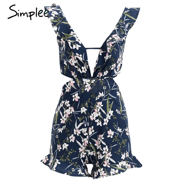 Simplee Sexy ruffle floral print jumpsuit romper Women deep v neck backless overalls Causal hollow out summer beach playsuit