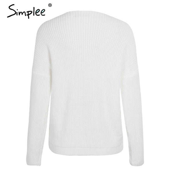 Simplee V neck cross knitting winter sweater women Fashion down sleeve pullover female New 2017 autumn winter casual jumper