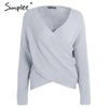 Simplee V neck cross knitting winter sweater women Fashion down sleeve pullover female New 2017 autumn winter casual jumper