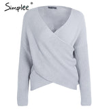 Simplee V neck cross knitting winter sweater women Fashion down sleeve pullover female New 2017 autumn winter casual jumper