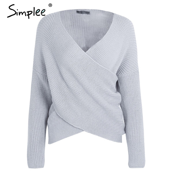 Simplee V neck cross knitting winter sweater women Fashion down sleeve pullover female New 2017 autumn winter casual jumper