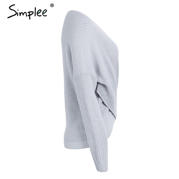 Simplee V neck cross knitting winter sweater women Fashion down sleeve pullover female New 2017 autumn winter casual jumper