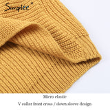 Simplee V neck cross knitting winter sweater women Fashion down sleeve pullover female New 2017 autumn winter casual jumper