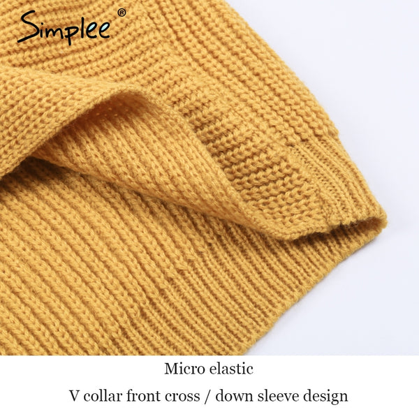Simplee V neck cross knitting winter sweater women Fashion down sleeve pullover female New 2017 autumn winter casual jumper