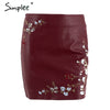 Simplee Vintage embroidery leather skirt women Elegant zipper PU pencil skirt 2017 Autumn fashion streetwear mini skirt