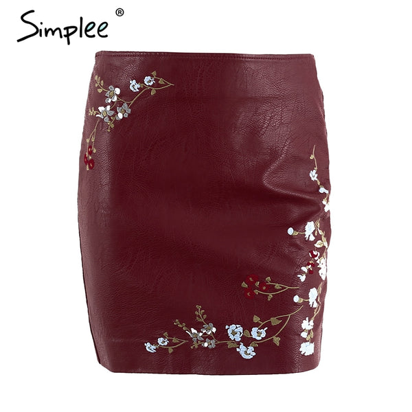 Simplee Vintage embroidery leather skirt women Elegant zipper PU pencil skirt 2017 Autumn fashion streetwear mini skirt