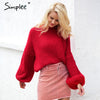 Simplee Winter lantern sleeve knitted sweater pullover Women loose round neck red sweater Female autumn casual sweater jumper