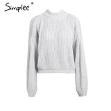 Simplee Winter lantern sleeve knitted sweater pullover Women loose round neck red sweater Female autumn casual sweater jumper