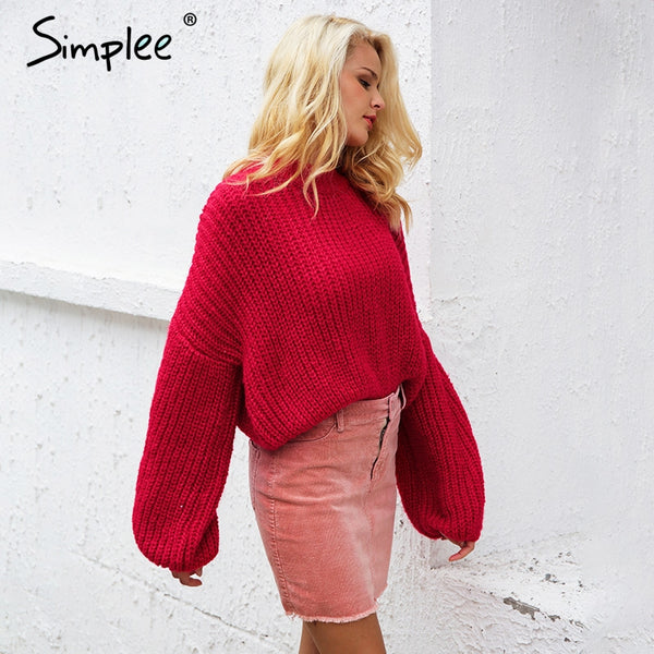 Simplee Winter lantern sleeve knitted sweater pullover Women loose round neck red sweater Female autumn casual sweater jumper