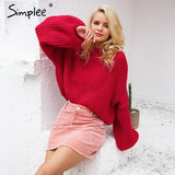 Simplee Winter lantern sleeve knitted sweater pullover Women loose round neck red sweater Female autumn casual sweater jumper