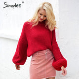 Simplee Winter lantern sleeve knitted sweater pullover Women loose round neck red sweater Female autumn casual sweater jumper