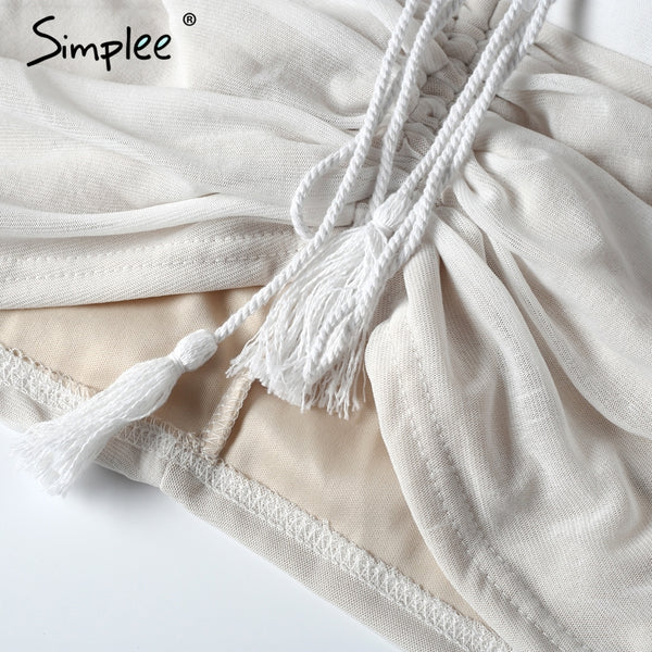 Simplee off shoulder mesh tank top tees Women black short sleeve bustier crop top Sexy club white tops tassel female camisole