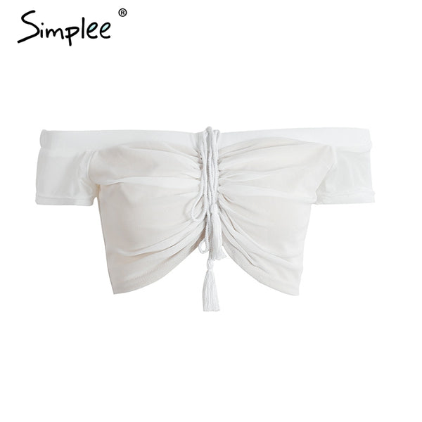 Simplee off shoulder mesh tank top tees Women black short sleeve bustier crop top Sexy club white tops tassel female camisole