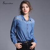 Soperwillton 2017 Embroidery Autumn Blouse Elegant Lace Patchwork Denim Shirts Women Casual Long Sleeve Tops Blouses #BB0780