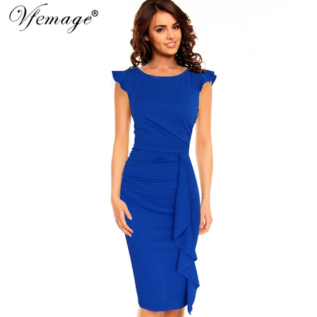 Vfemage Womens Elegant Frill Ruffles Ruched Draped Vintage Retro Tunic Slim Work Business Casual Party Bodycon Pencil Dress 6213