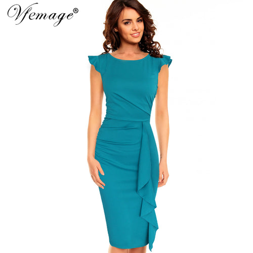 Vfemage Womens Elegant Frill Ruffles Ruched Draped Vintage Retro Tunic Slim Work Business Casual Party Bodycon Pencil Dress 6213