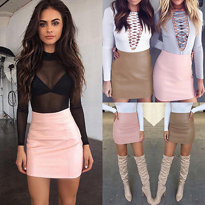 Vogue 2017 Women Sexy Bandge Leather Skirt High Waist Pencil Bodycon Short Mini Skirt