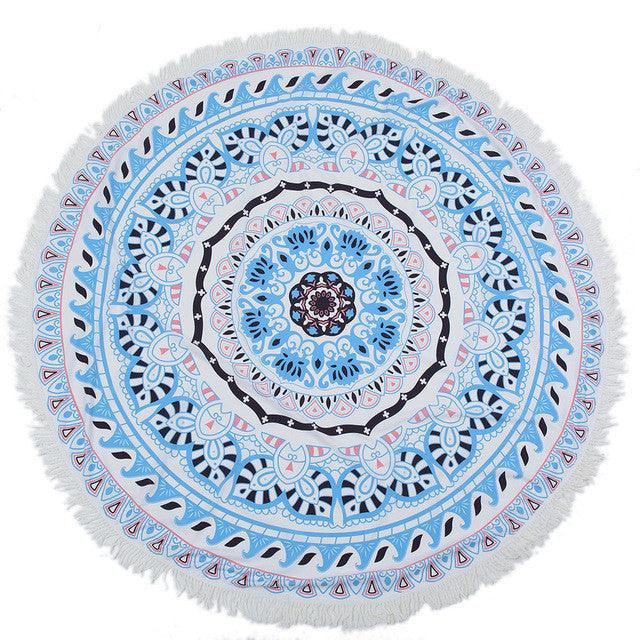 Blue wreath Round Mandala Beach Towel Tassel Fringing Beach Throw Round Mat Table Cloth Wall Tapestries Polyester 150x150cm - ilovealma