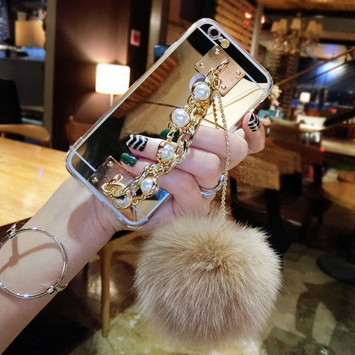 Clear Plating Mirror Case For iphone 7 6 6S Plus FundasFashion Pearl Chain Tassel Fur Ball Phone Cases Ultra thin Soft TPU Cover - ilovealma