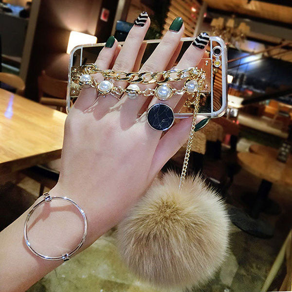 Clear Plating Mirror Case For iphone 7 6 6S Plus FundasFashion Pearl Chain Tassel Fur Ball Phone Cases Ultra thin Soft TPU Cover - ilovealma