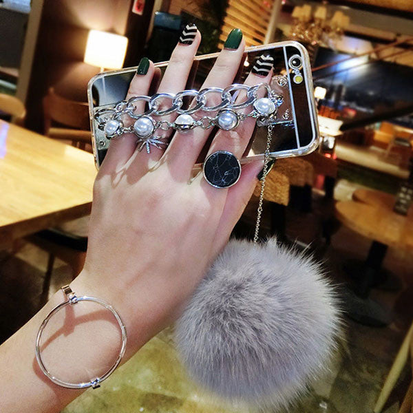 Clear Plating Mirror Case For iphone 7 6 6S Plus FundasFashion Pearl Chain Tassel Fur Ball Phone Cases Ultra thin Soft TPU Cover - ilovealma