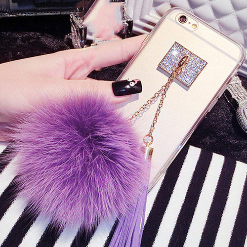 Cute DIY Soft Fox Fur Ball Phone Cases For iphone 7 6 6s Plus SE 5 5S Capa Bling Diamond Pendant Tassel Clear TPU Cover Carcasas