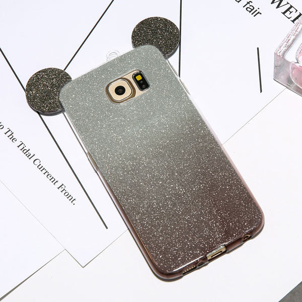 Cute Mouse Ears 2 in 1 Clear Soft TPU Glitter Powder Gradient Color Case For Samsung S7 S6 edge S5 A5 J5 Back Cover With Lanyard