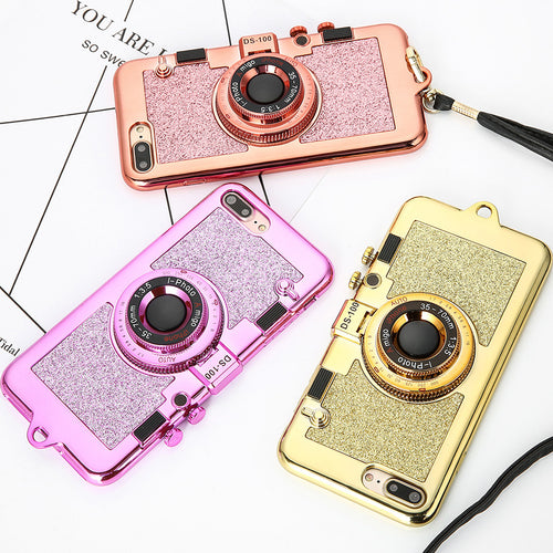 Luxury 3D Plating Camera Phone Cases For iphone 7 6 6s Plus Case High Quality Soft Back Cover Stand Holder Mirror With Lanyard
