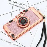 Luxury 3D Plating Camera Phone Cases For iphone 7 6 6s Plus Case High Quality Soft Back Cover Stand Holder Mirror With Lanyard