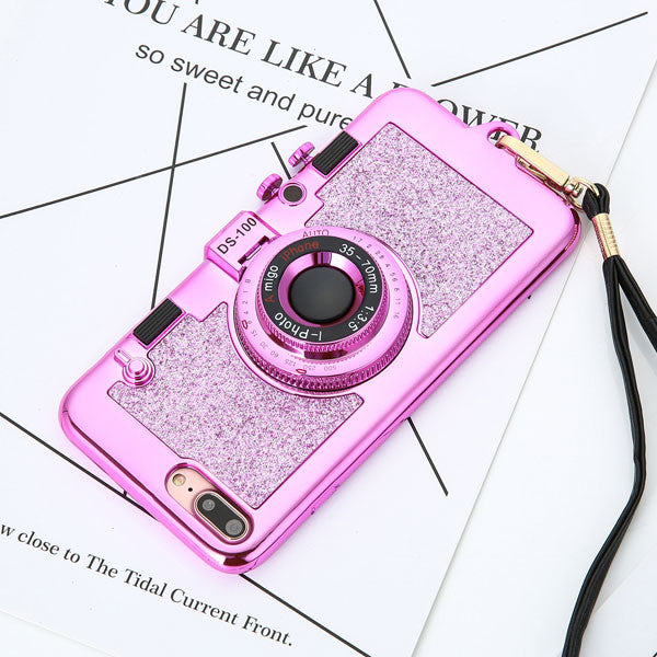 Luxury 3D Plating Camera Phone Cases For iphone 7 6 6s Plus Case High Quality Soft Back Cover Stand Holder Mirror With Lanyard