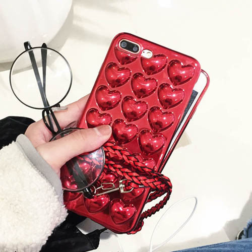 Luxury DIY Plating 3D Love Heart Phone Cases For iPhone 7 6 6s Plus Fashion Soft TPU Silicone Back Cover With Lanyard Shell Capa